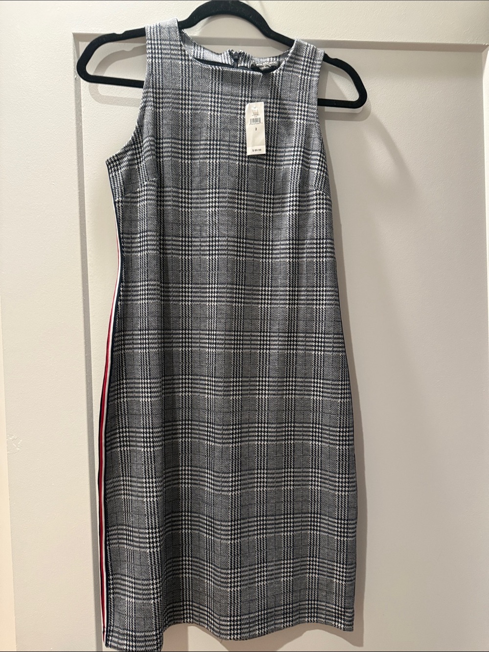 Banana Republic Black & White Plaid Midi Dress with Red Side Stripe